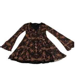 Forever 21 Mini Dress Women Small Black Brown Excellent Boho Bell Sleeve Paisley